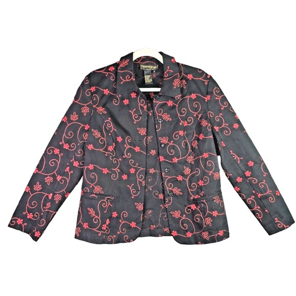 Christine Phillipe Womens Blazer 8 Black Red Floral Embroidered Cotton Pockets - Picture 15 of 15